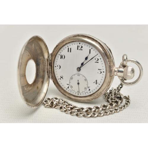 156 - A SILVER HALF HUNTER POCKET WATCH AND AN ALBERT CHAIN, manual wind, round white dial, Roman numerals... 