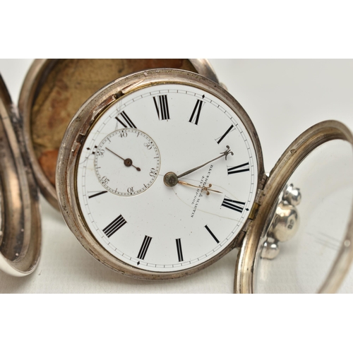 157 - A SILVER PAIR CASE, OPEN FACE POCKET WATCH, key wound, round white dial signed 'Blundell & Martin Li... 