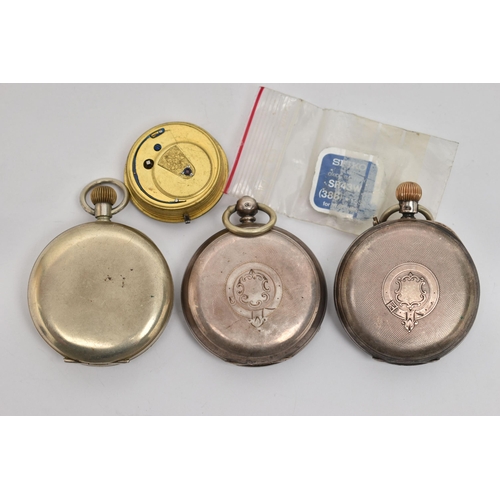 160 - TWO SILVER POCKET WATCHES AND ONE OTHER, to include a silver open face, manual wind pocket watch, si... 