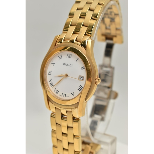 161 - A LADYS 'GUCCI' QUARTZ WRISTWATCH, round white dial signed 'Gucci', Roman numerals, date window at t... 