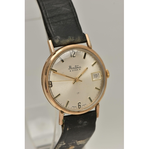 163 - A GENTS 9CT GOLD 'BENTIMA' WRISTWATCH, AF manual wind, round silver dial signed 'Bentima Star', Arab... 