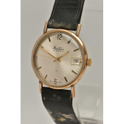 163 - A GENTS 9CT GOLD 'BENTIMA' WRISTWATCH, AF manual wind, round silver dial signed 'Bentima Star', Arab... 