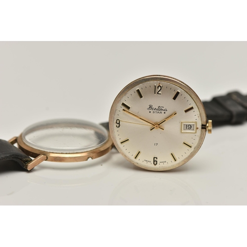 163 - A GENTS 9CT GOLD 'BENTIMA' WRISTWATCH, AF manual wind, round silver dial signed 'Bentima Star', Arab... 