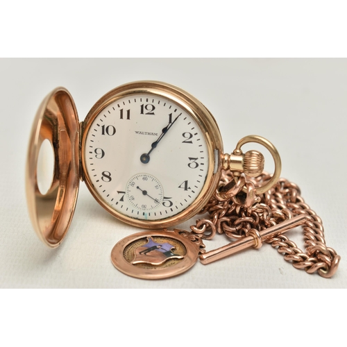 165 - A 9CT GOLD HALF HUNTER POCKET WATCH, manual wind, white dial signed 'Waltham', Arabic numerals, subs... 