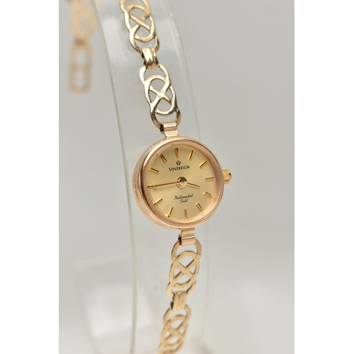 166 - A LADYS 9CT GOLD 'SOVEREIGN' WRISTWATCH, quartz movement, round gold dial signed 'Sovereign', baton ... 