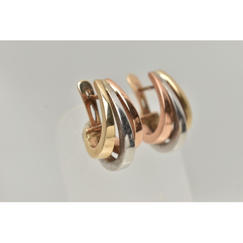 168 - A PAIR OF 18CT TRI-COLOUR GOLD HOOP EARRINGS, rose, yellow and white gold hoops, fitted with posts a... 