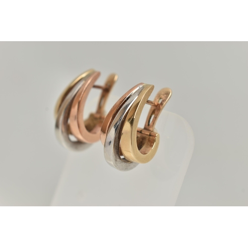 168 - A PAIR OF 18CT TRI-COLOUR GOLD HOOP EARRINGS, rose, yellow and white gold hoops, fitted with posts a... 