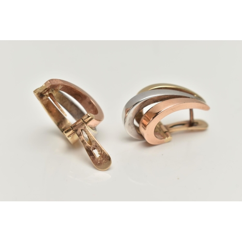 168 - A PAIR OF 18CT TRI-COLOUR GOLD HOOP EARRINGS, rose, yellow and white gold hoops, fitted with posts a... 