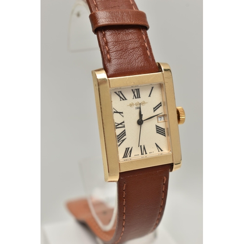 172 - A 9CT GOLD 'W H WILMOT' WRISTWATCH, quartz movement, tank style case, rectangular gold glitter dial ... 