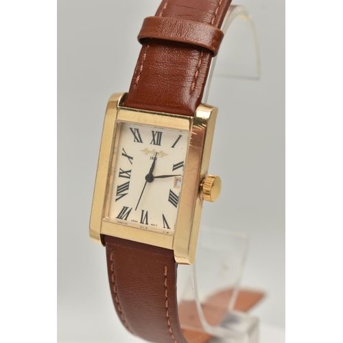 172 - A 9CT GOLD 'W H WILMOT' WRISTWATCH, quartz movement, tank style case, rectangular gold glitter dial ... 