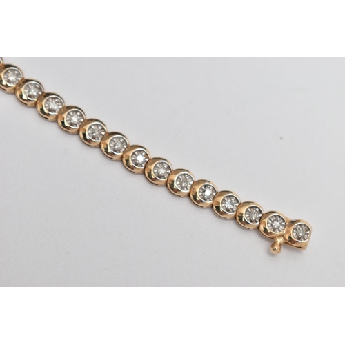 177 - A 9CT GOLD DIAMOND LINE BRACELET, designed as a series of circular links each set with a small round... 