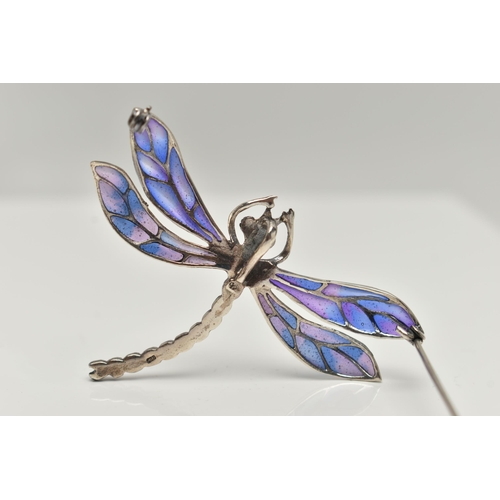 178 - A WHITE METAL PLIQUE A JOUR BROOCH, in the form of a dragonfly, the body set with marcasite, decorat... 