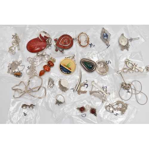 184 - TWENTY TWO ITEMS OF SILVER AND WHITE METAL JEWELLERY, to include a Delft filigree brooch, a small ov... 