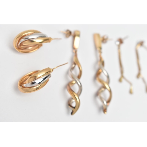 189 - A PAIR OF 9CT GOLD EARRINGS AND TWO PAIRS OF YELLOW METAL EARRINGS, a pair of Italian tri colour hoo... 