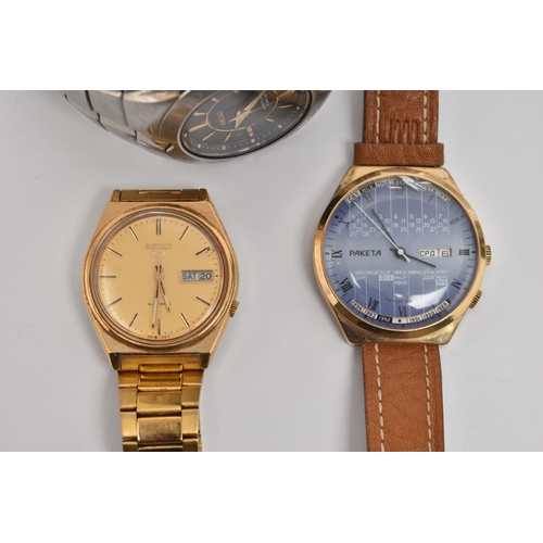 196 - THREE GENTS WRIST WATCHES, the first a 'Seiko Arctura Kinetic', baton markers, date aperture at the ... 