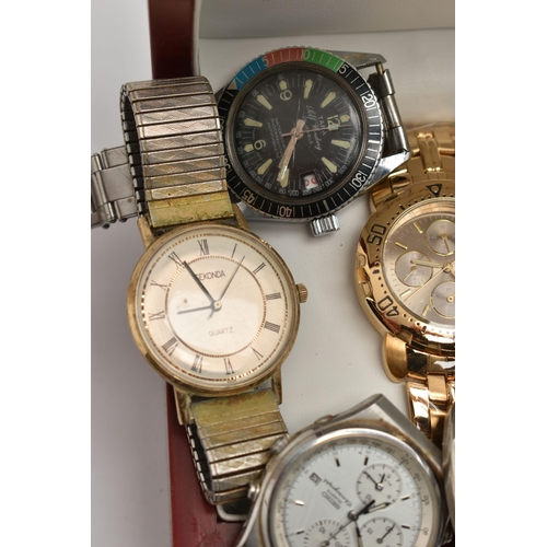 197 - A BOX OF ASSORTED WRIST WATCHES, eight wrist watches to include a 'Seiko' quartz chronograph, a 'Tar... 