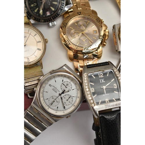 197 - A BOX OF ASSORTED WRIST WATCHES, eight wrist watches to include a 'Seiko' quartz chronograph, a 'Tar... 