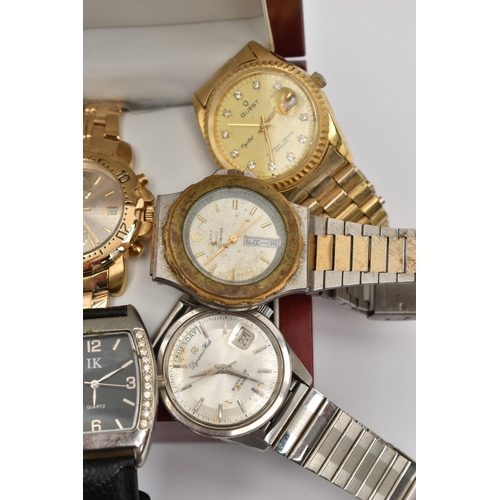 197 - A BOX OF ASSORTED WRIST WATCHES, eight wrist watches to include a 'Seiko' quartz chronograph, a 'Tar... 