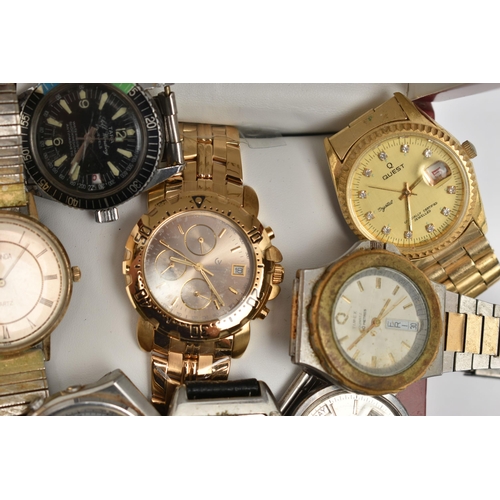 197 - A BOX OF ASSORTED WRIST WATCHES, eight wrist watches to include a 'Seiko' quartz chronograph, a 'Tar... 