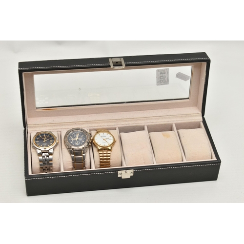 198 - A WATCH DISPLAY BOX AND THREE WRISTWATCHES, to include a gents 'Seiko Kinetic', fitted with a bracel... 