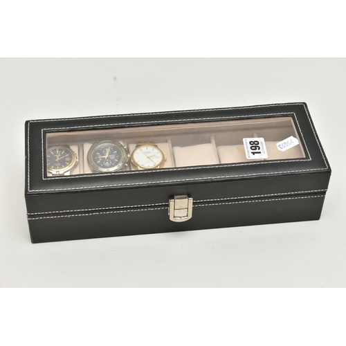 198 - A WATCH DISPLAY BOX AND THREE WRISTWATCHES, to include a gents 'Seiko Kinetic', fitted with a bracel... 