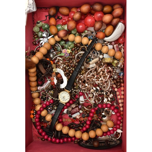 200 - A BOX OF ASSORTED COSTUME JEWELLERY, a hinged jewellery box, encasing a selection of beaded necklace... 