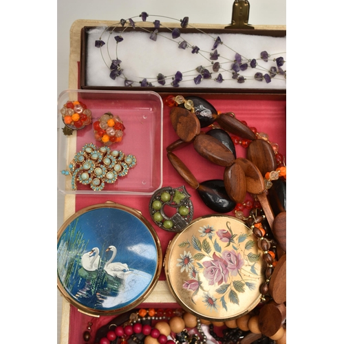 200 - A BOX OF ASSORTED COSTUME JEWELLERY, a hinged jewellery box, encasing a selection of beaded necklace... 