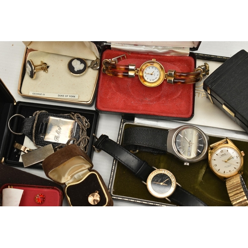 204 - A BOX OF ASSORTED SILVER JEWELLERY AND WATCHES, to include a silver ingot, hallmarked Birmingham, su... 