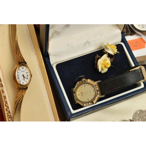 208 - A BOX OF ASSORTED ITEMS, to include an early 20th century rolled gold wristwatch, a selection of wri... 