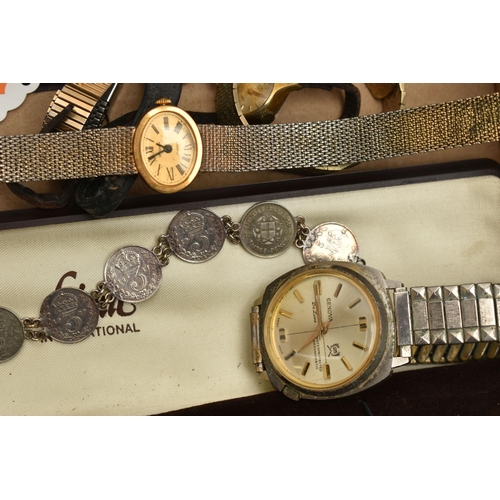 208 - A BOX OF ASSORTED ITEMS, to include an early 20th century rolled gold wristwatch, a selection of wri... 