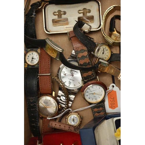 208 - A BOX OF ASSORTED ITEMS, to include an early 20th century rolled gold wristwatch, a selection of wri... 