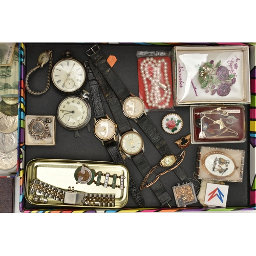 209 - A BOX OF ASSORTED ITEMS, to include a silver key wound, open face pocket watch, hallmarked Birmingha... 