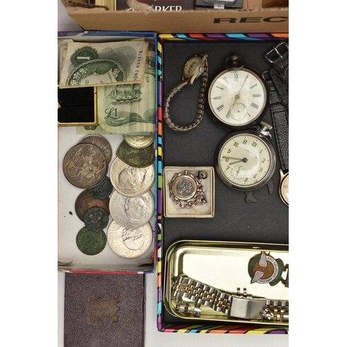 209 - A BOX OF ASSORTED ITEMS, to include a silver key wound, open face pocket watch, hallmarked Birmingha... 