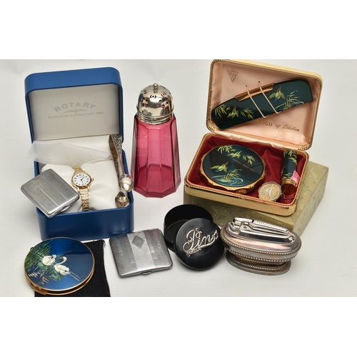 211 - A BOX OF ASSORTED ITEMS, to include a 'Ronson' table lighter, two match stick cases, a 'Stratton' co... 