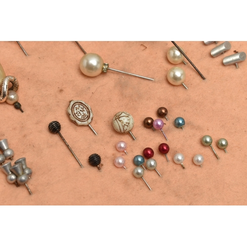 213 - A BOX OF MISCELLANEOUS ITEMS, to include a selection of hatpins, many imitation pearl examples, a se... 