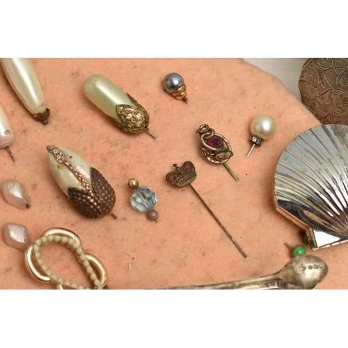 213 - A BOX OF MISCELLANEOUS ITEMS, to include a selection of hatpins, many imitation pearl examples, a se... 