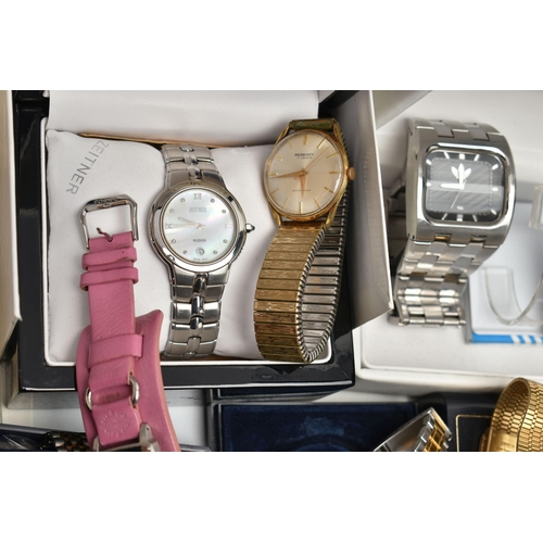 215 - A BOX OF ASSORTED WRISTWATCHES, seventeen wristwatches, names to include 'Fossil, Montine, Addidas, ... 