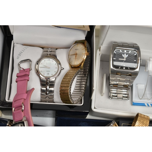 215 - A BOX OF ASSORTED WRISTWATCHES, seventeen wristwatches, names to include 'Fossil, Montine, Addidas, ... 