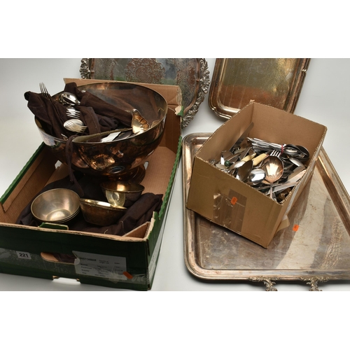 221 - A BOX OF ASSORTED WHITE METAL WARE, to include a large rectangular tray, a silver plate on copper ci... 