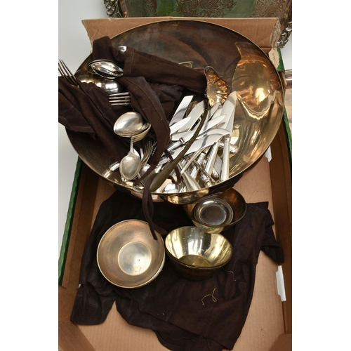 221 - A BOX OF ASSORTED WHITE METAL WARE, to include a large rectangular tray, a silver plate on copper ci... 