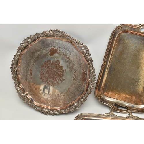 221 - A BOX OF ASSORTED WHITE METAL WARE, to include a large rectangular tray, a silver plate on copper ci... 