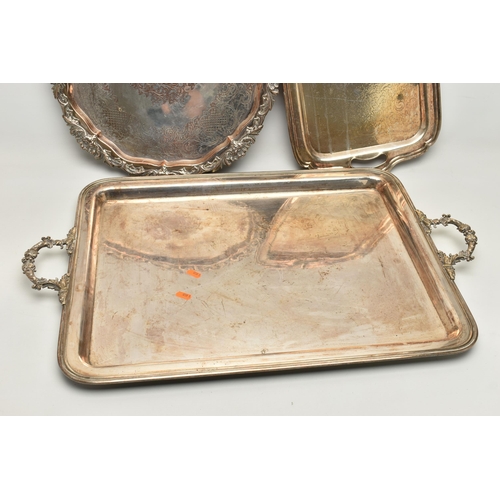 221 - A BOX OF ASSORTED WHITE METAL WARE, to include a large rectangular tray, a silver plate on copper ci... 