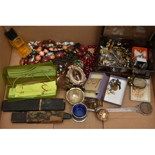 222 - A BOX OF ASSORTED ITEMS, to include a small assortment of costume jewellery, assorted white metal it... 