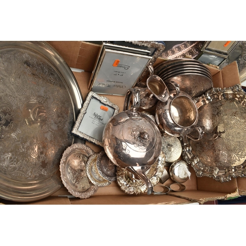 223 - A BOX OF ASSORTED WHITE METAL WARE, to include a large oval tray with pierced rim, an 'Arthur Price'... 