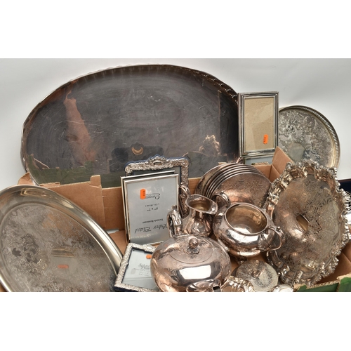 223 - A BOX OF ASSORTED WHITE METAL WARE, to include a large oval tray with pierced rim, an 'Arthur Price'... 