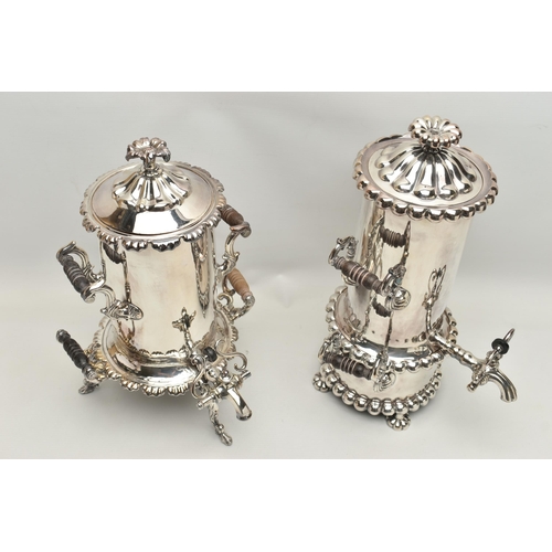 224 - TWO SILVER PLATE SAMOVAR, the first a samovar decorated with four acanthus leaf and carved ebony han... 