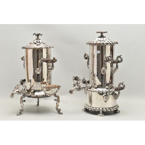 224 - TWO SILVER PLATE SAMOVAR, the first a samovar decorated with four acanthus leaf and carved ebony han... 