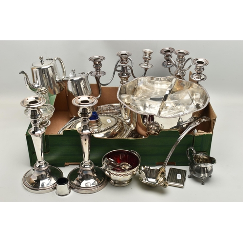 225 - A BOX OF ASSORTED SILVER AND SILVER PLATE, to include a silver fiddle pattern ladle, hallmarked 'Joh... 