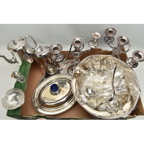 225 - A BOX OF ASSORTED SILVER AND SILVER PLATE, to include a silver fiddle pattern ladle, hallmarked 'Joh... 