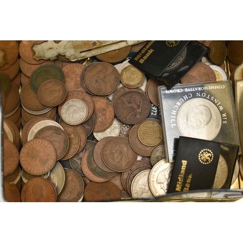 226 - A SWEET TIN CONTAINING UK COINS, to include a special Constabulary Award for Faithful Service To Sub... 